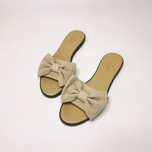 Kate Spade Bow Slides Sand Leather Suede Shoes Sandals Flats Beige Size 8.5